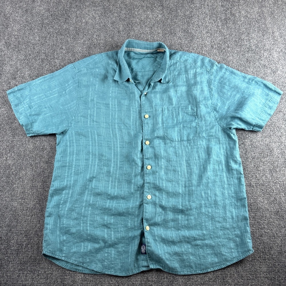 Tommy Bahama Men XL 100% Linen Shirt Teal Blue Striped Short Sleeve Camp